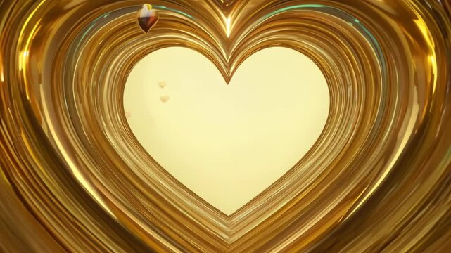 Close-up: Golden heart frames nest within each other, creating a tunnel effect. Camera smoothly glides through, revealing intricate light reflections. Warm, romantic atmosphere.	