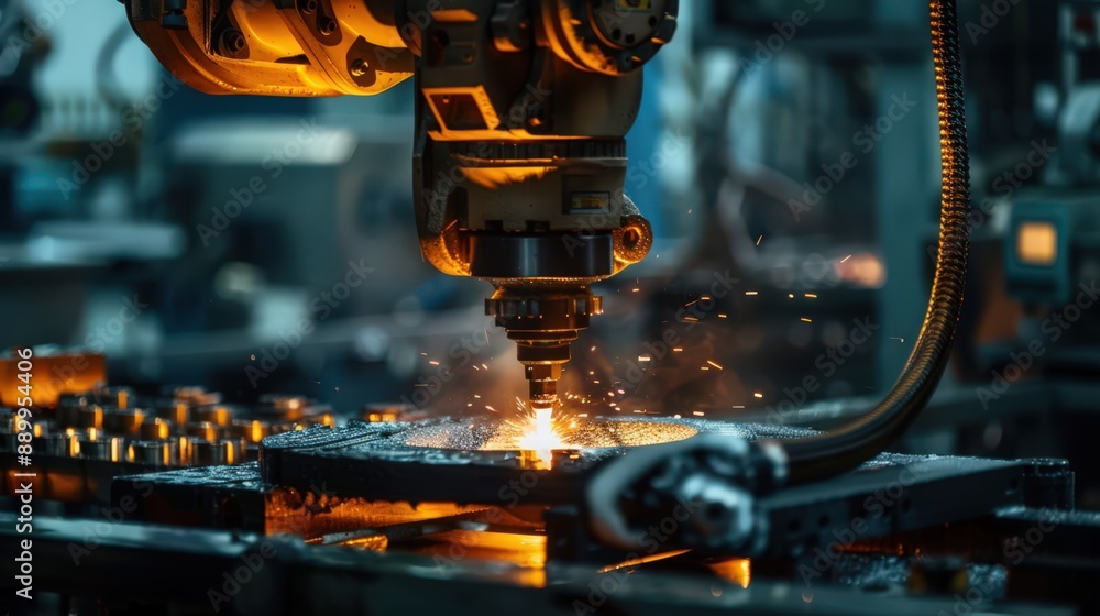 Poster photograph a robot operating in a metal foundry, casting and molding metal parts with high precision