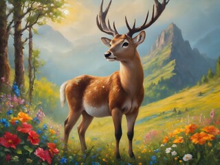Generative AI. Majestic deer admiring the breathtaking mountains