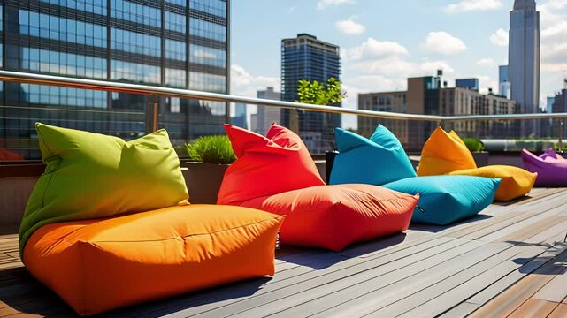 A chic rooftop deck that doubles as a hangout spot with a mix of inflatable chairs and bean bag loungers in bright primary colors.