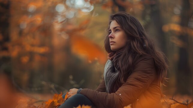 Young woman during break in autumn forest. 