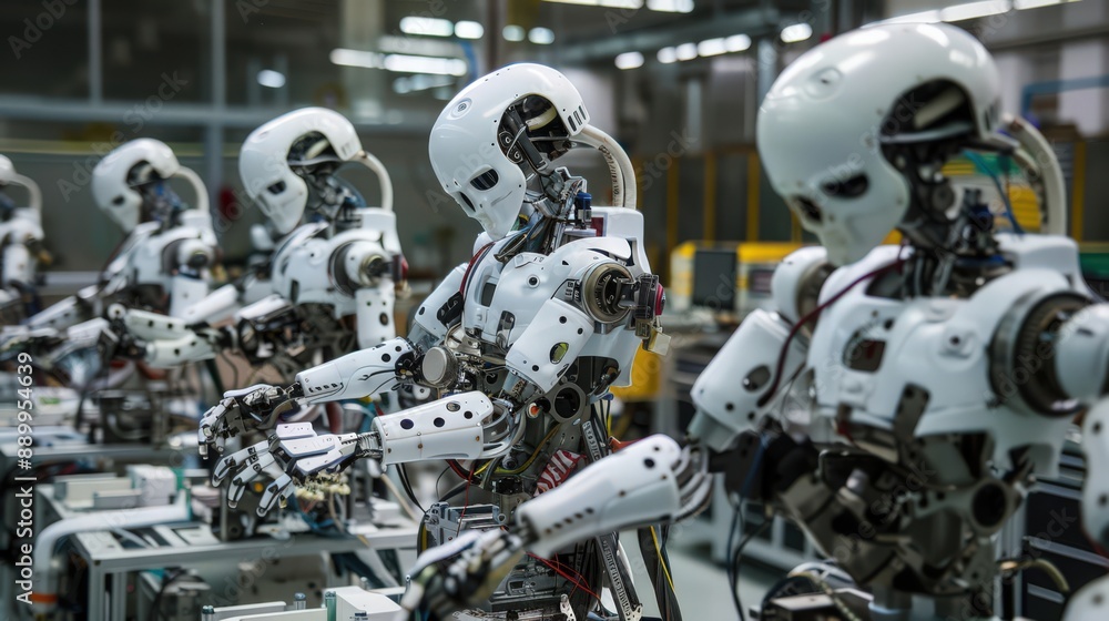 Poster photograph a robotics manufacturing plant where robots are building other robots, illustrating the s
