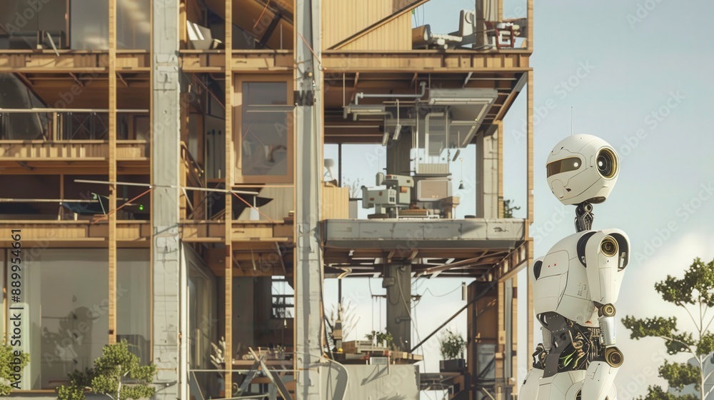 Poster photograph a scene where robots are constructing a multi-level home, emphasizing the structural inte