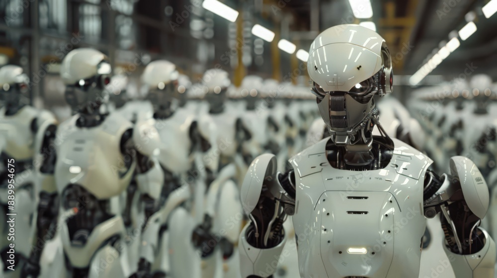 Poster photograph a robotics manufacturing plant where robots are building other robots, illustrating the s