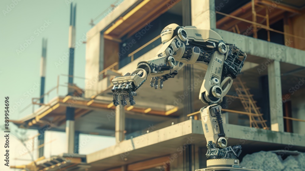 Poster photograph a scene where robots are constructing a multi-level home, emphasizing the structural inte
