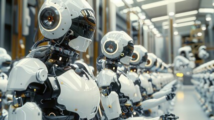 Fototapeta premium Photograph a robotics manufacturing plant where robots are building other robots, illustrating the self-sustaining nature of advanced automation.