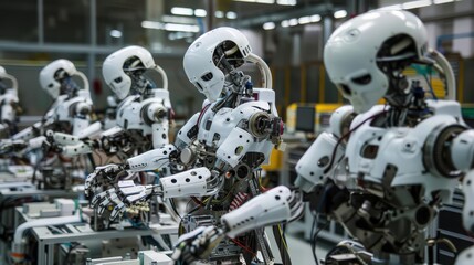 Photograph a robotics manufacturing plant where robots are building other robots, illustrating the self-sustaining nature of advanced automation.