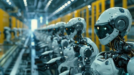 Fototapeta premium Photograph a robotics manufacturing plant where robots are building other robots, illustrating the self-sustaining nature of advanced automation.