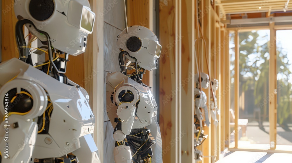 Poster photograph a team of robots installing advanced insulation materials in a home, ensuring energy effi