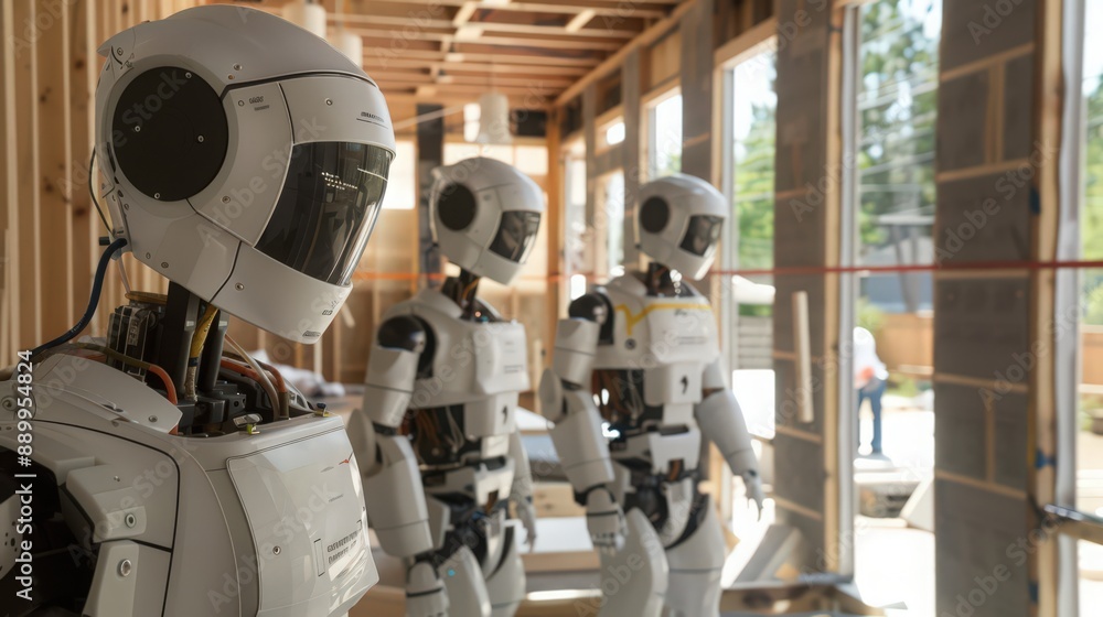 Poster photograph a team of robots installing advanced insulation materials in a home, ensuring energy effi