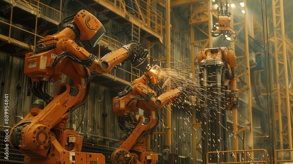 Poster photograph a team of robots performing complex welding tasks on the skeleton of a high-rise, ensurin