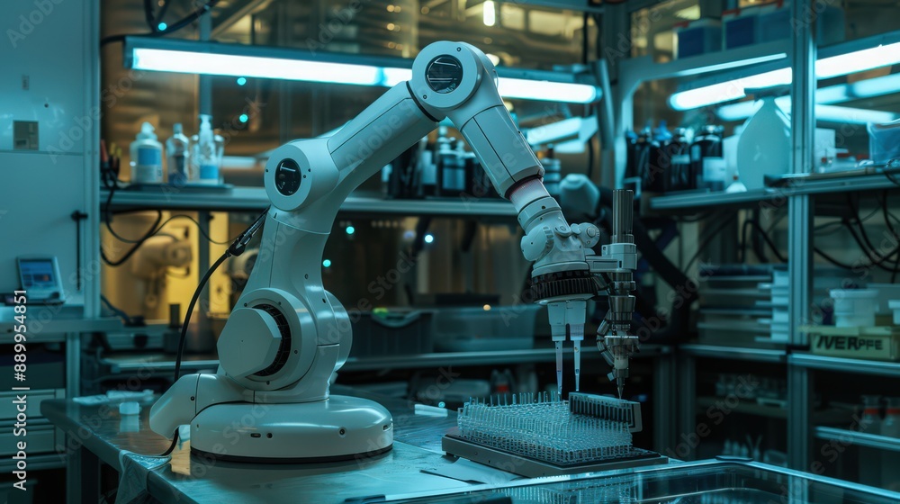 Poster photograph an advanced biotech lab where robots are conducting high-precision experiments and geneti