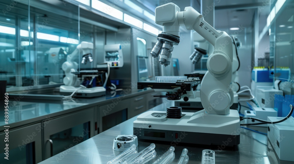 Poster photograph an advanced biotech lab where robots are conducting high-precision experiments and geneti