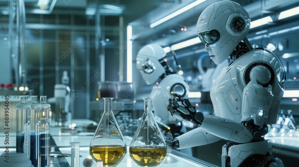 Poster photograph an advanced biotech lab where robots are conducting high-precision experiments and geneti