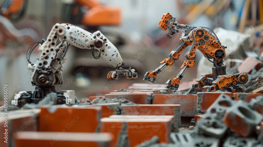 Poster photograph robots working together to lay bricks with impeccable precision, demonstrating the effici