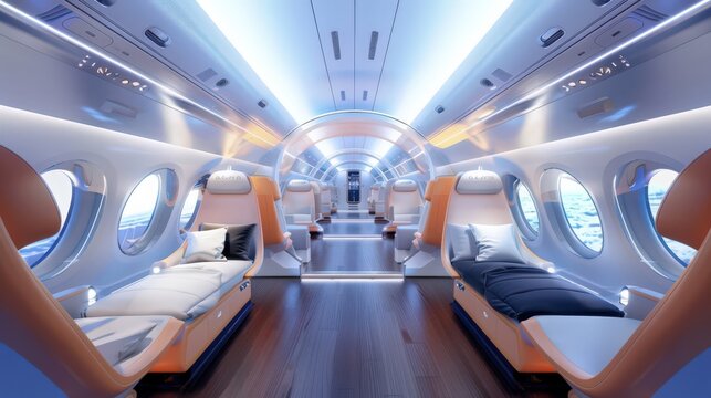 Photograph the interior of a futuristic airplane with flexible seating arrangements that can be customized for different types of flights and passenger needs.