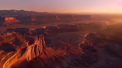 Present an aerial panorama of a canyon during a clear night, with the landscape softly illuminated by moonlight
