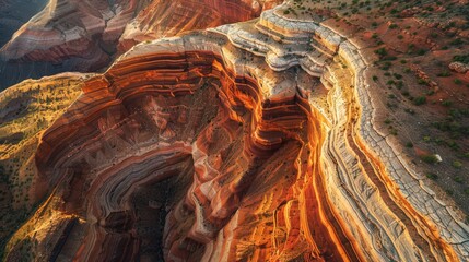 Present an aerial panorama of a canyon with a focus on the layered rock formations that tell the story of geological history.