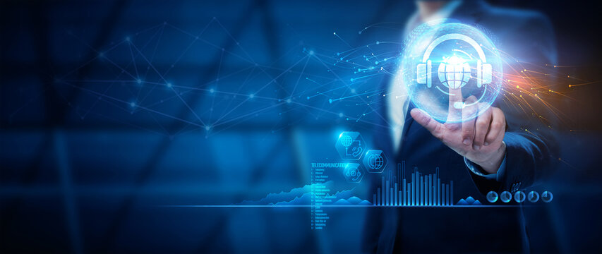 Concept of telecommunication, businessman picks up the press the icon of a connection line, a service icon, on a cityscape background.