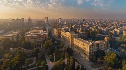 Naklejka premium Present an aerial panorama of Cairo University and its campus, a center of education and research in Egypt's capital city.