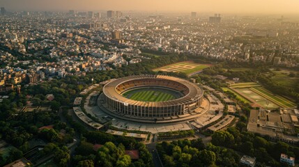 Present an aerial panorama of Delhi's sports stadiums and recreational facilities, integral to the city's cultural and sporting heritage.