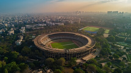 Present an aerial panorama of Delhi's sports stadiums and recreational facilities, integral to the city's cultural and sporting heritage.