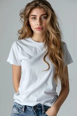 Fototapeta premium White tshirt mockup on woman model created with Generative AI