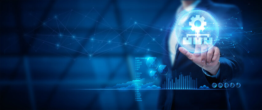 Supply Chain Management (SCM) concept with icons and a description of them. Aspects of Modern Company Logistics Processes. Business Challenges Design. Supply Chain Management.