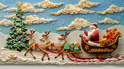 Santa Claus riding a sleigh with reindeer and gifts, with a Christmas tree in the background, in 3D clay relief