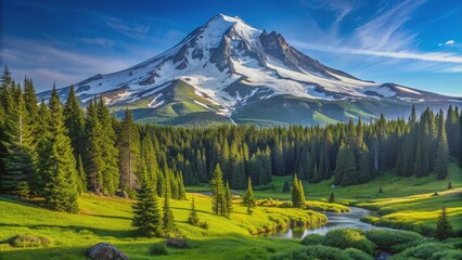 Obraz premium Majestic snow-capped Mt. Hood rises above serene alpine meadows, surrounded by lush green forests and rugged rocky outcroppings.