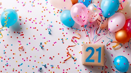 21st Birthday Celebration with Balloons, Confetti, and a Gift Box.