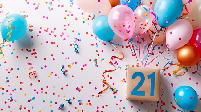 21st Birthday Celebration with Balloons, Confetti, and a Gift Box. - Powered by Adobe