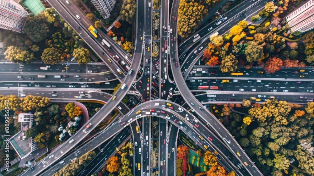 Poster present an aerial view of a highway intersection with a focus on the flow of traffic and the pattern