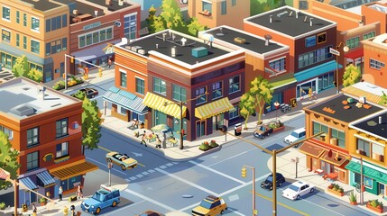 Naklejka premium Present an aerial view of a multicultural neighborhood, with diverse shops and restaurants bustling along the busy street.