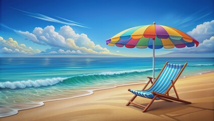 Obraz premium Serenene cartoon illustration of a deserted beach scene with a chaise longue and umbrella on a tranquil ocean backdrop.