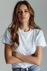 Fototapeta premium White tshirt mockup on woman model created with Generative AI