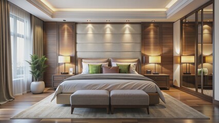 Cozy modern bedroom with plush white duvet on king-size bed, surrounded by dark wood furniture and soft golden lighting.