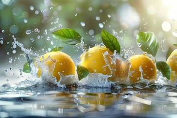 lemon falling with mint leaves. water splash with mint leaves, slices of lime , concept of summer refreshments