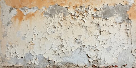Obraz premium Highly weathered wall with peeling paint, cracked stucco, missing patches, and paint blisters, Generative AI