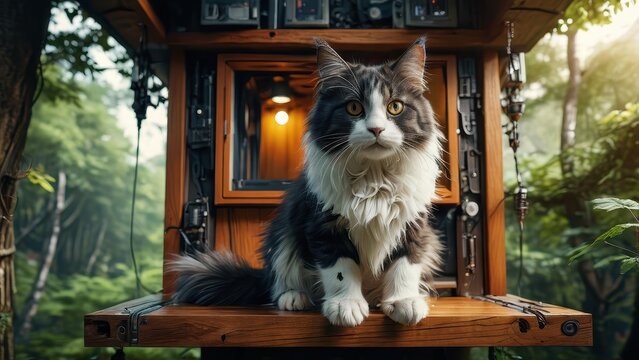 Maine Coon cat sitting on a wooden shelf.