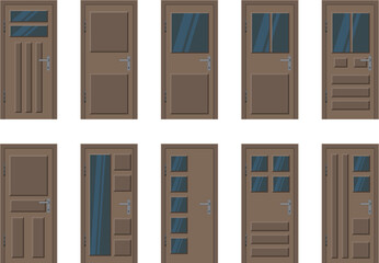 front wooden house doors set in flat design. Brown front door with glasses