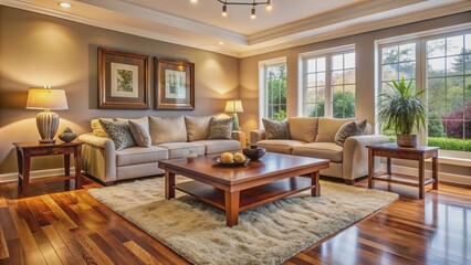Fototapeta premium Inviting cozy living area features plush sectional sofa, wooden coffee table, and complementary area rug on warm hardwood floor.