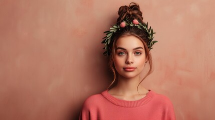 A young woman with a flower crown in her hair poses against a peach-colored wall