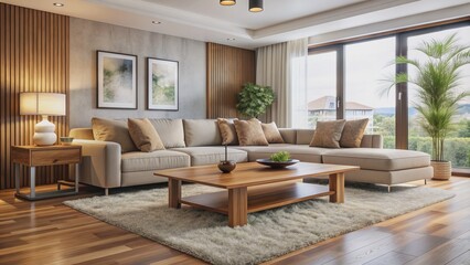 Fototapeta premium Luxurious calm ambiance in modern spacious living room with plush couch, low wooden coffee table, and soft cream area rug.