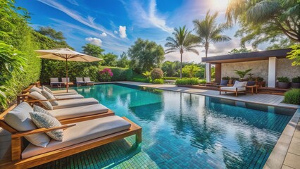 Luxurious backyard oasis featuring a sparkling blue swimming pool surrounded by lush greenery and modern outdoor furniture.