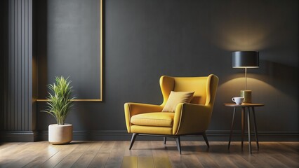Luxurious dark toned wall art mockup features a solitary vibrant yellow armchair contrasting against a sleek black background.
