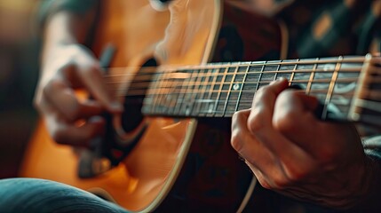 Obraz premium Close-up of fingers strumming an acoustic guitar, with focus on strings and sound hole