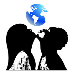 People with the planet. Outline drawing with a colored element. Colored earth. Black drawing of different people. Community. All together.