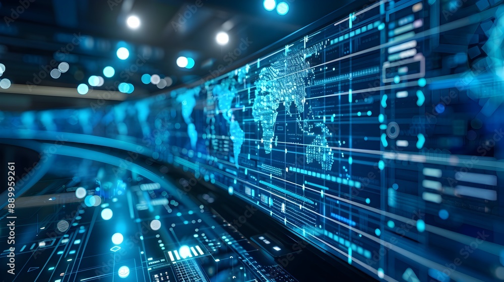 Poster intricate network diagram displayed on multiple screens in control room illustrating robust business