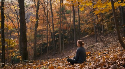 Fototapeta premium Young woman during break in autumn forest. 